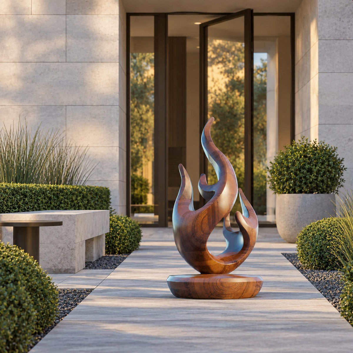 Rustic Wood Sculpture With Compact Flame Cluster Form