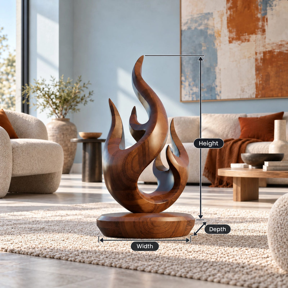 Rustic Wood Sculpture With Compact Flame Cluster Form