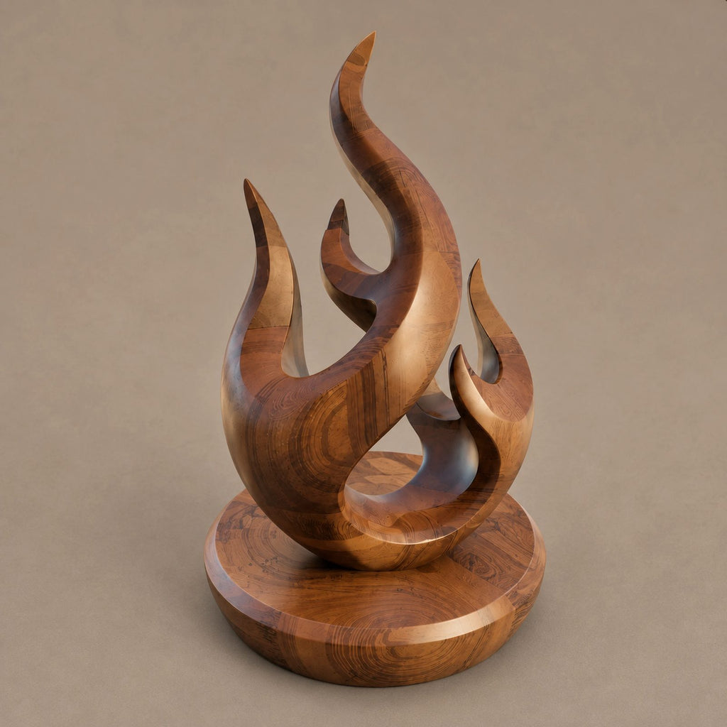 Rustic Wood Sculpture With Compact Flame Cluster Form