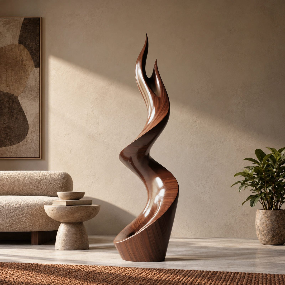 Organic Wood Sculpture With Twisting Zigzag Flame Form