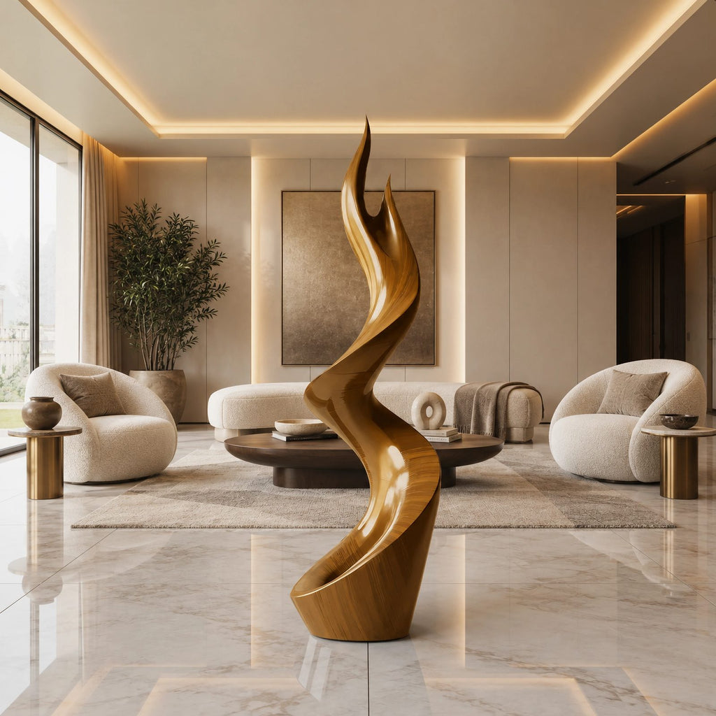Organic Wood Sculpture With Twisting Zigzag Flame Form