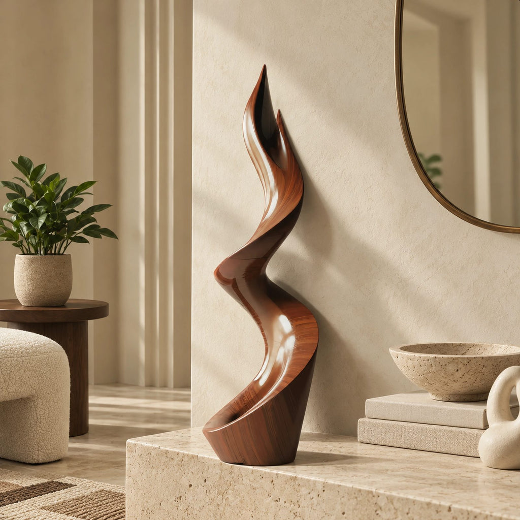 Organic Wood Sculpture With Twisting Zigzag Flame Form