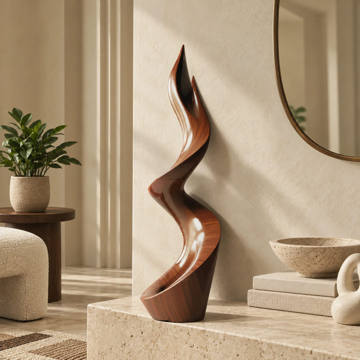 Organic Wood Sculpture With Twisting Zigzag Flame Form