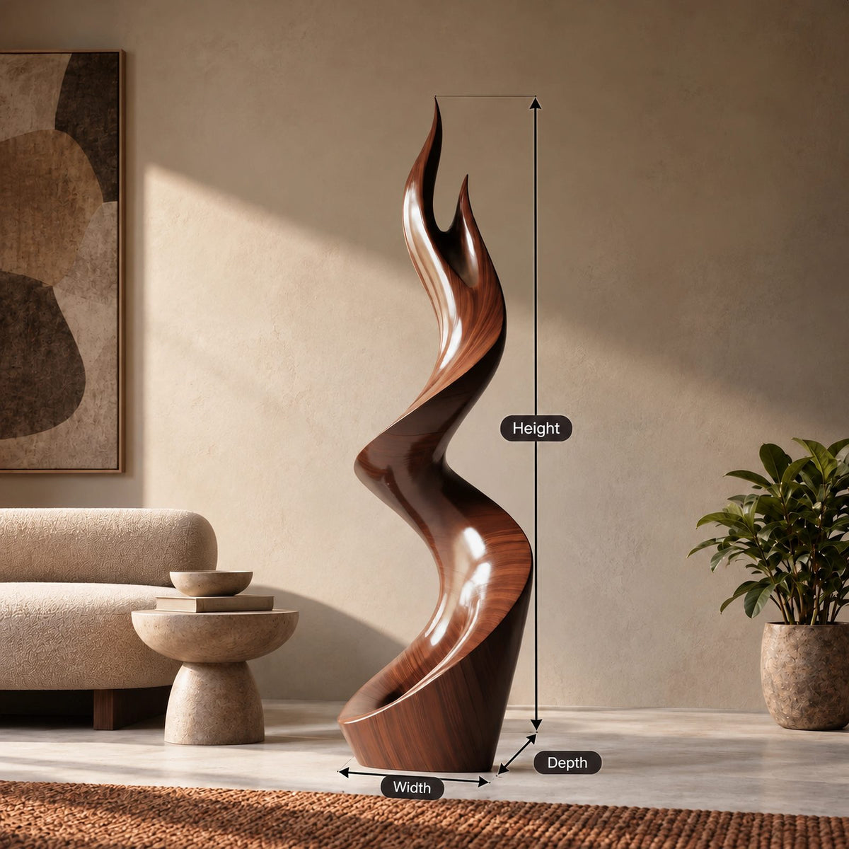 Organic Wood Sculpture With Twisting Zigzag Flame Form