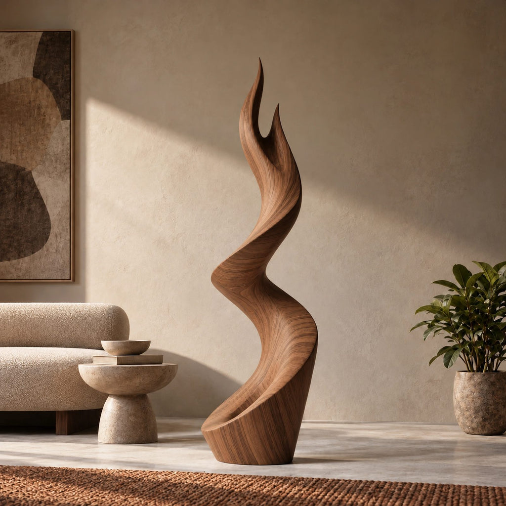 Organic Wood Sculpture With Twisting Zigzag Flame Form