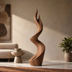 Organic Wood Sculpture With Twisting Zigzag Flame Form