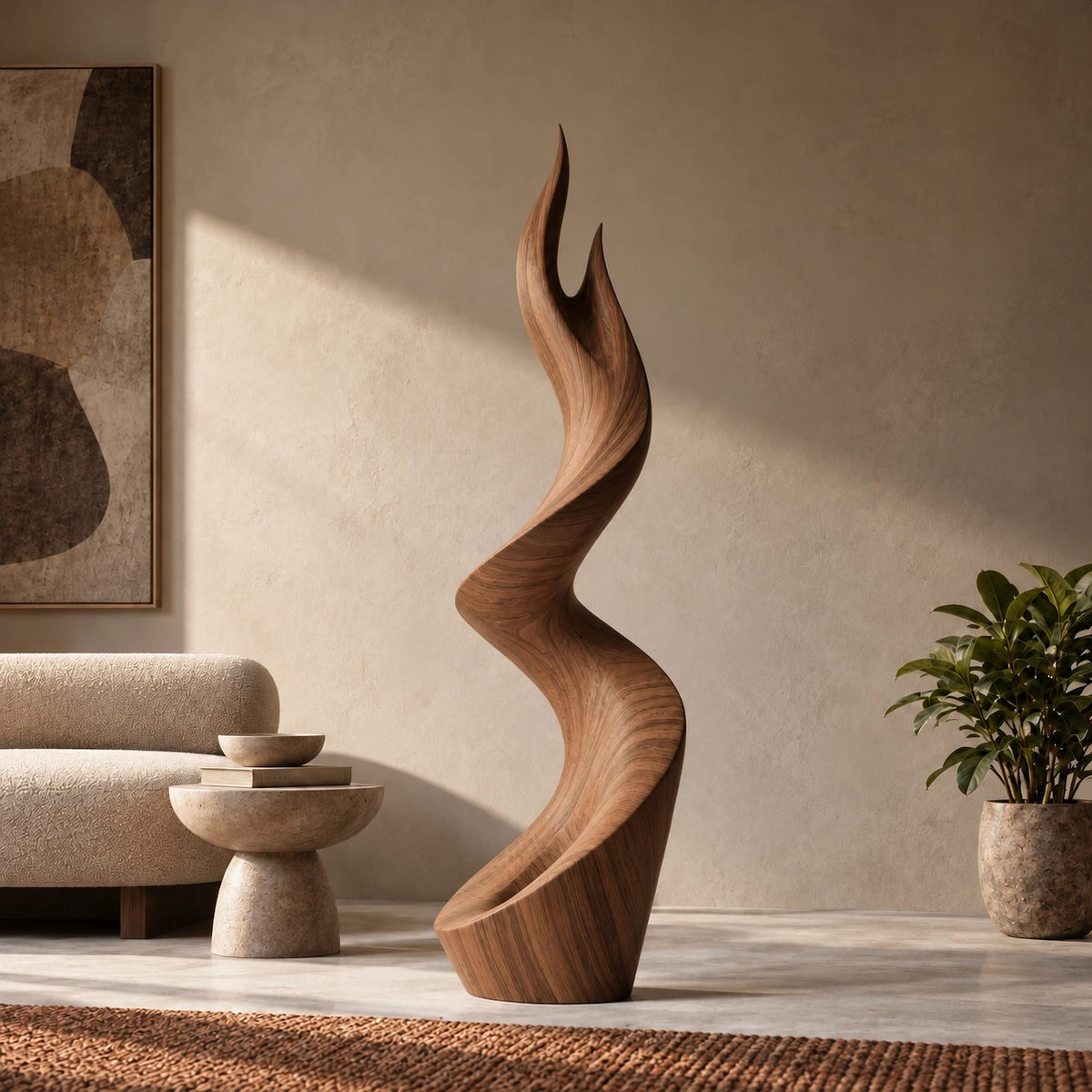 Organic Wood Sculpture With Twisting Zigzag Flame Form