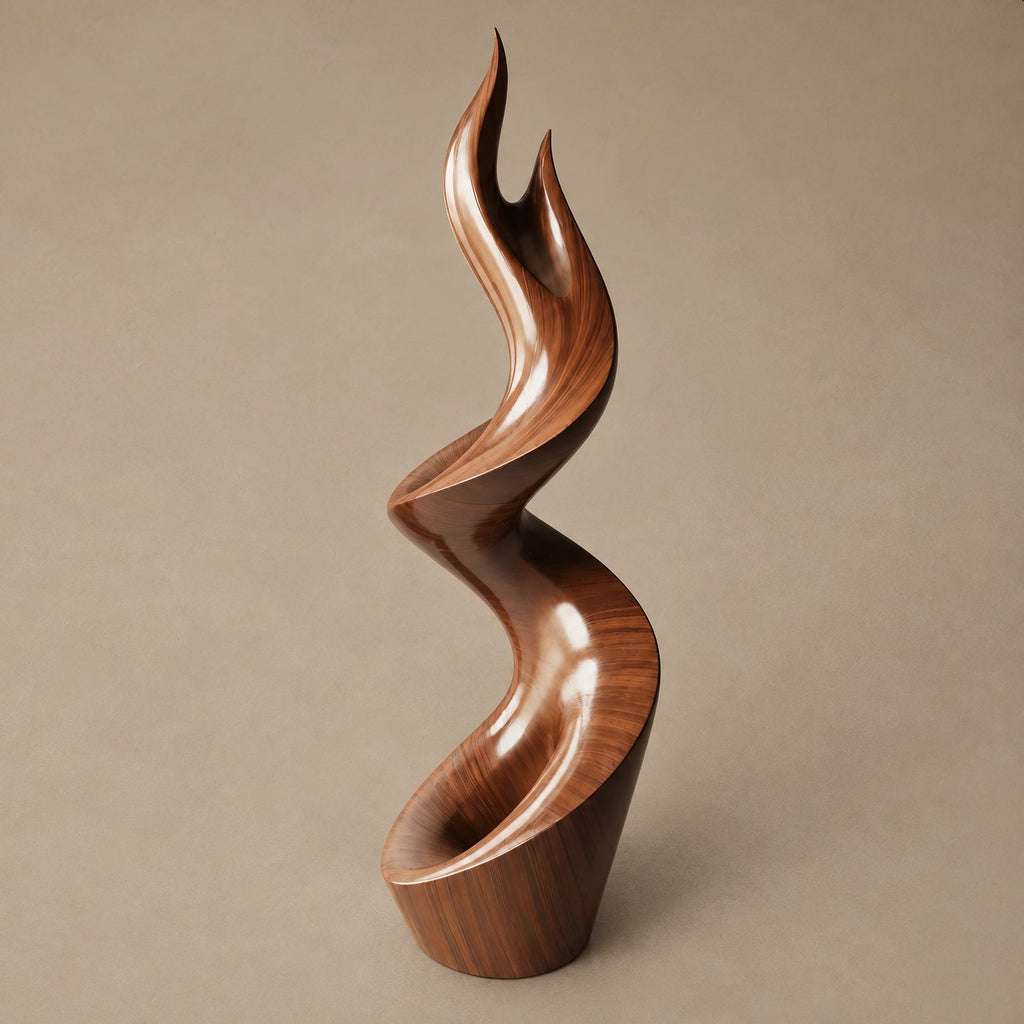 Organic Wood Sculpture With Twisting Zigzag Flame Form