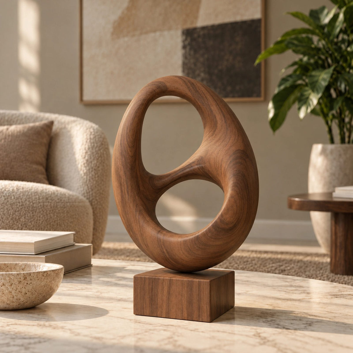 Minimalist Wood Sculpture With Stacked Double Ring Form