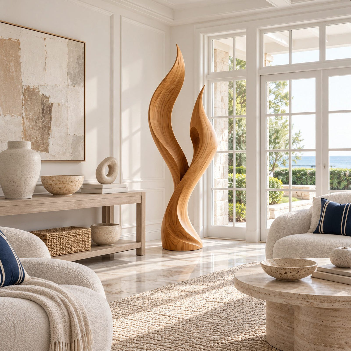 Farmhouse Wood Sculpture With Twin Flame Tongues Form