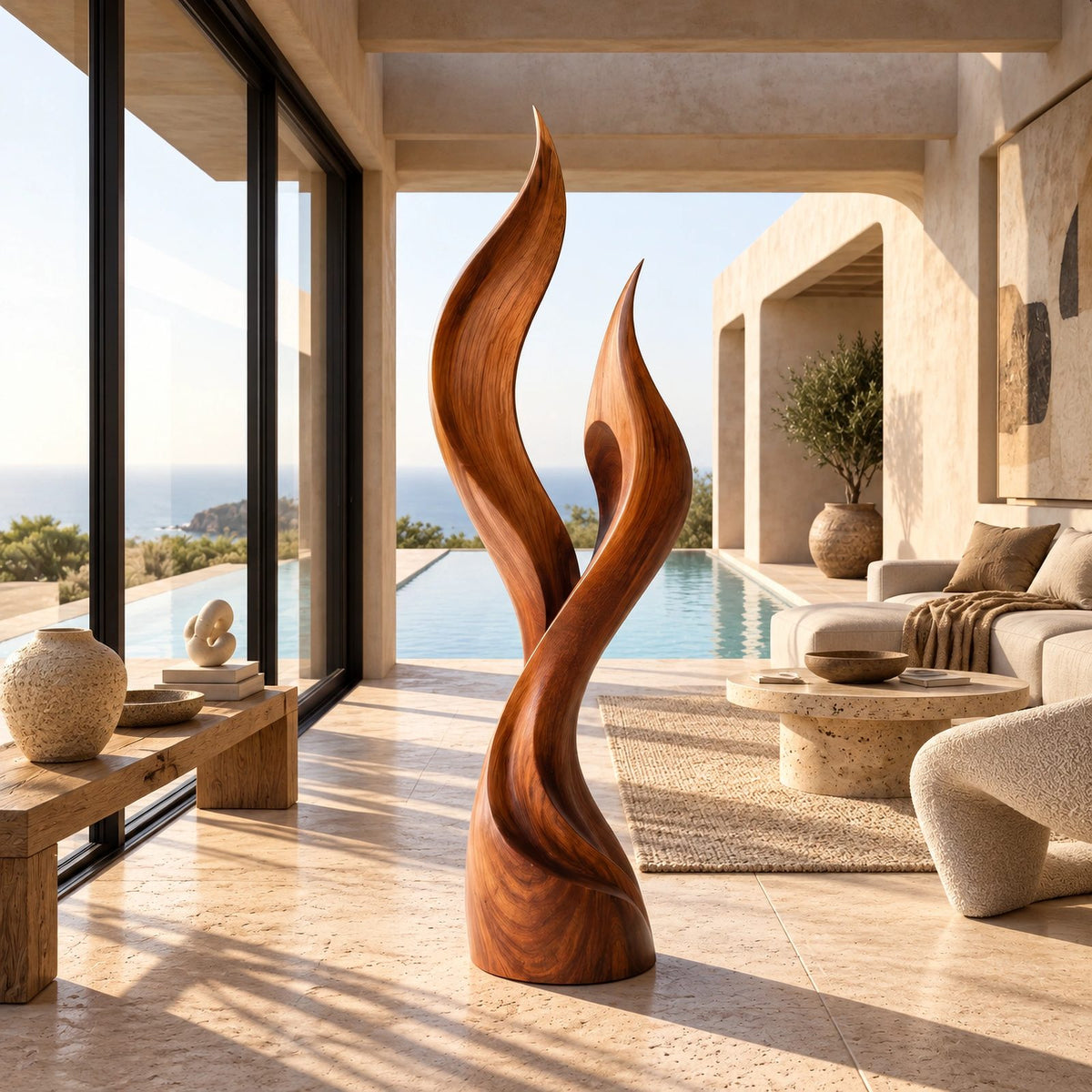 Farmhouse Wood Sculpture With Twin Flame Tongues Form