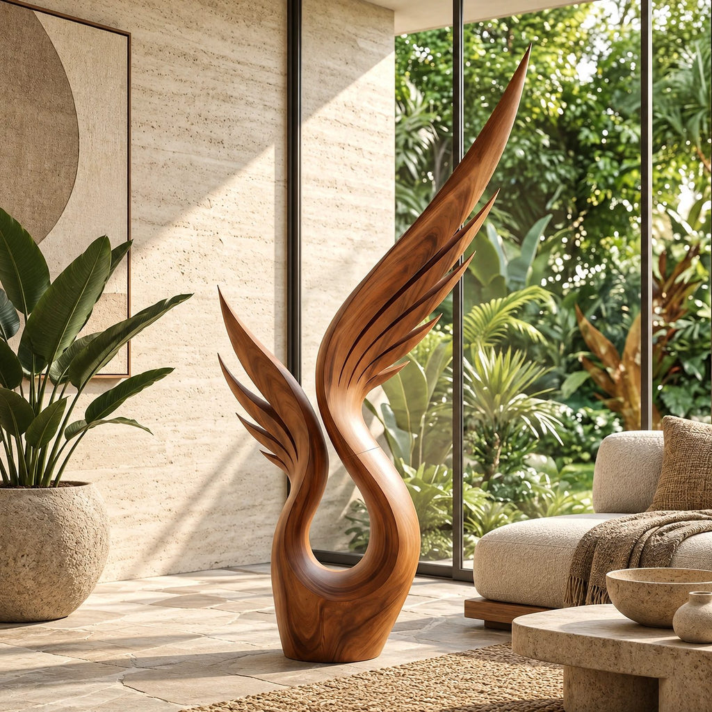 Modern Wood Sculpture With Tall Soaring Quill Wing Form