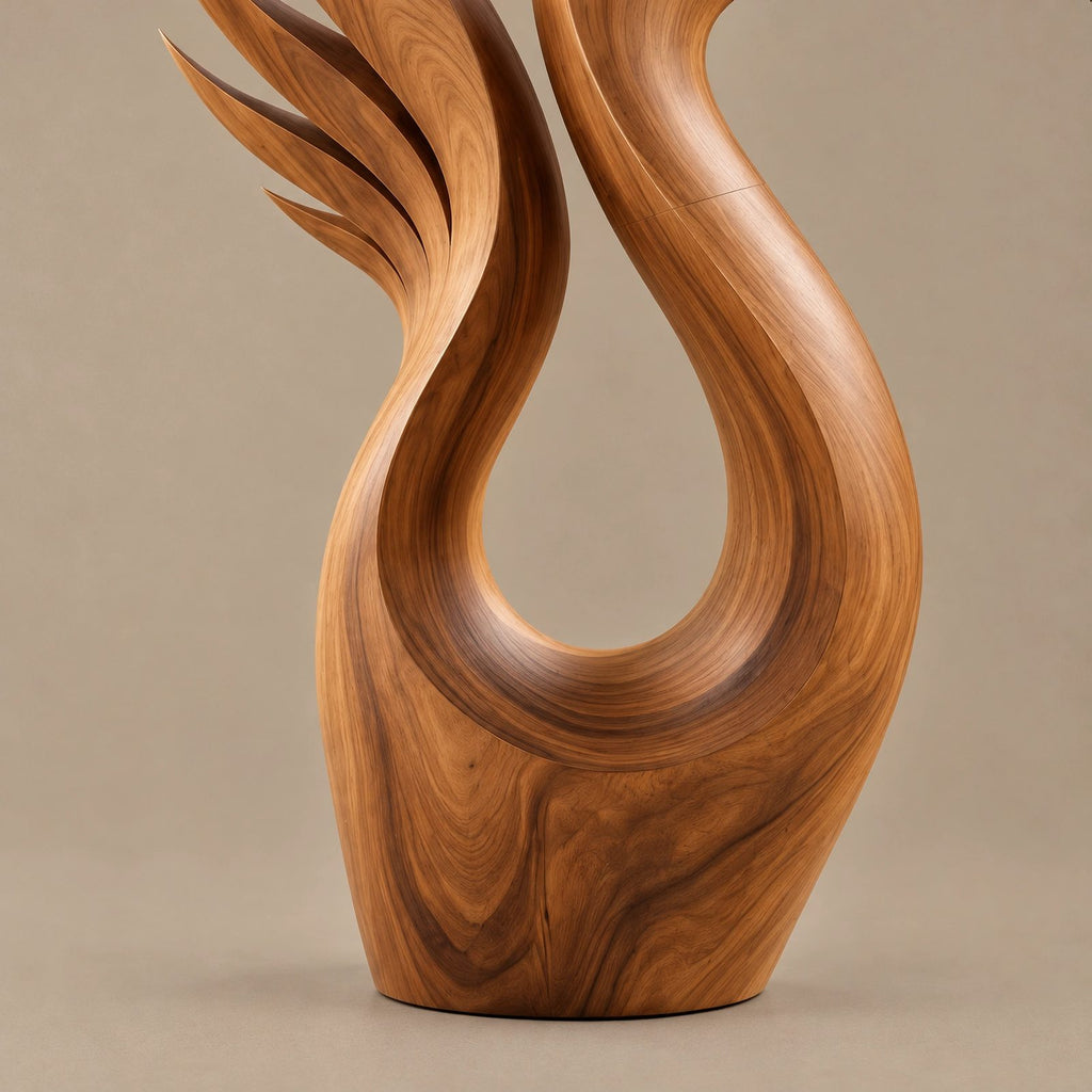 Modern Wood Sculpture With Tall Soaring Quill Wing Form