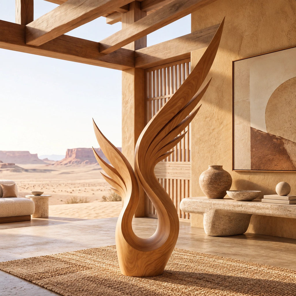 Modern Wood Sculpture With Tall Soaring Quill Wing Form