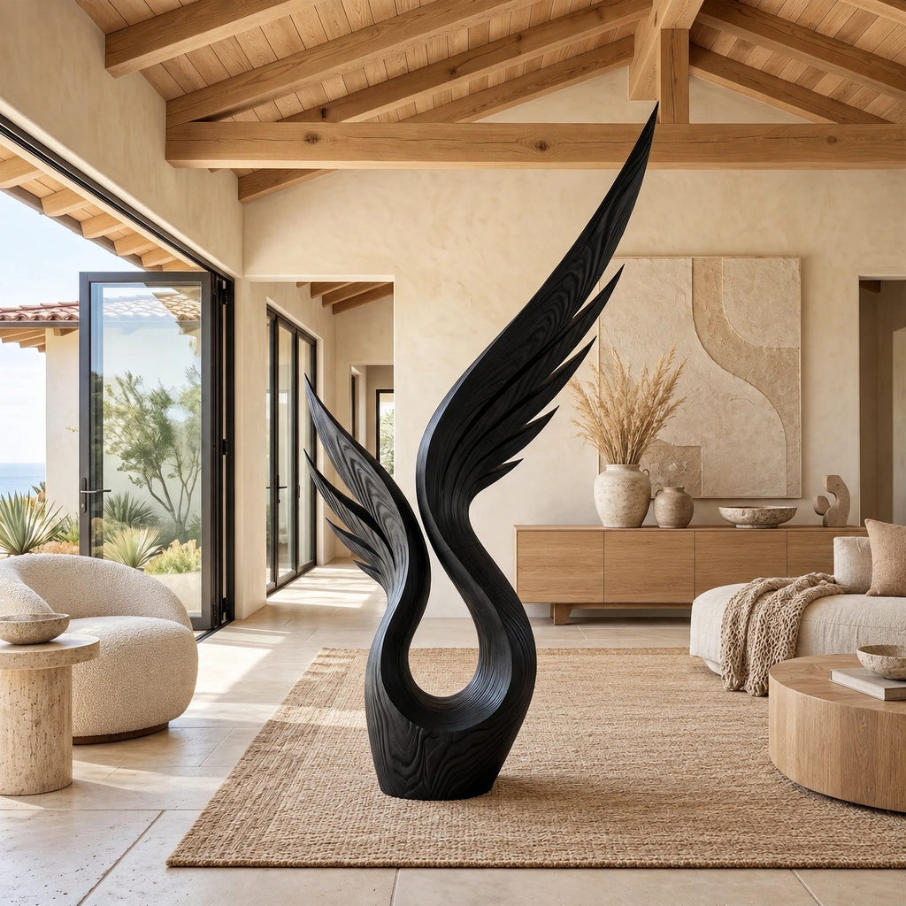Modern Wood Sculpture With Tall Soaring Quill Wing Form