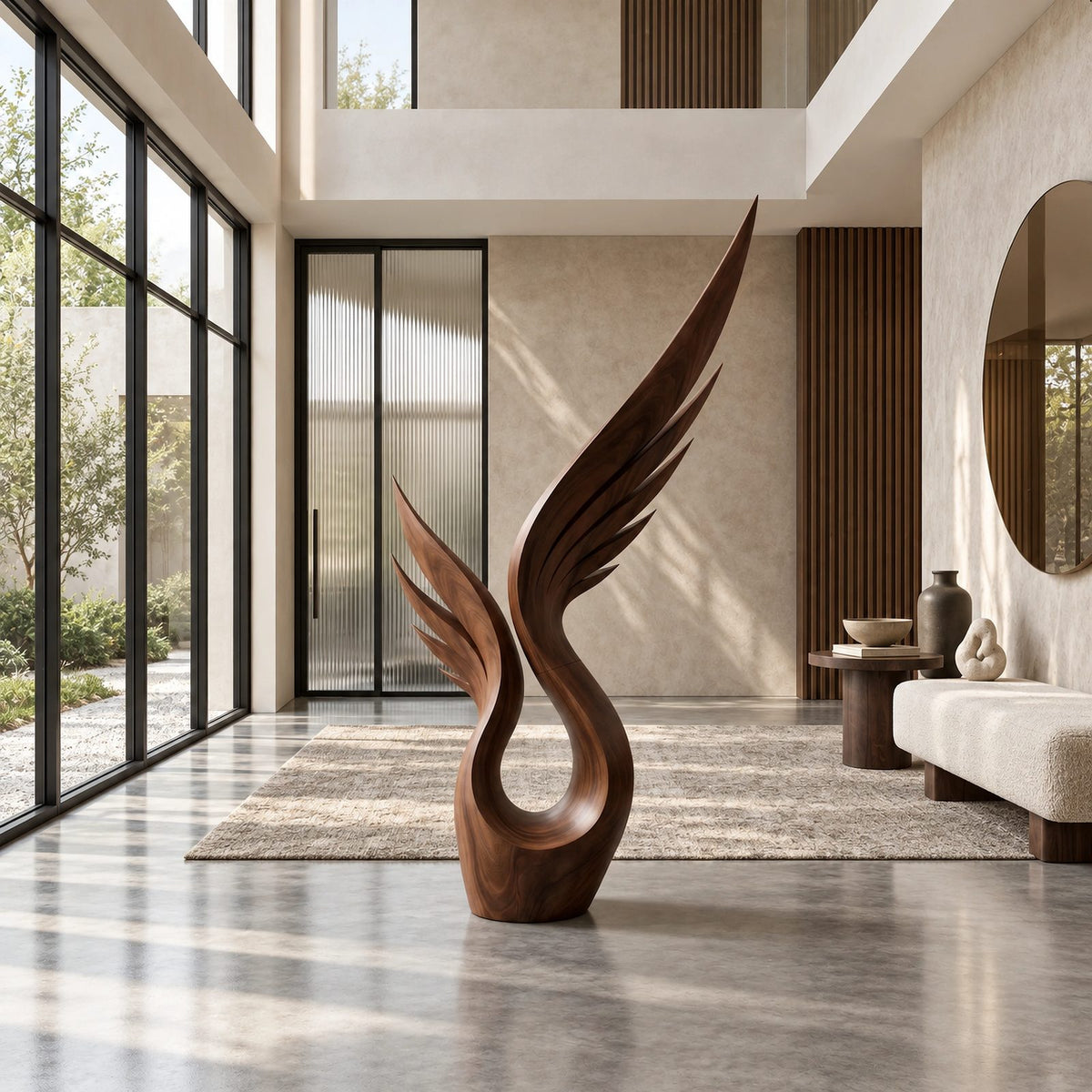 Modern Wood Sculpture With Tall Soaring Quill Wing Form