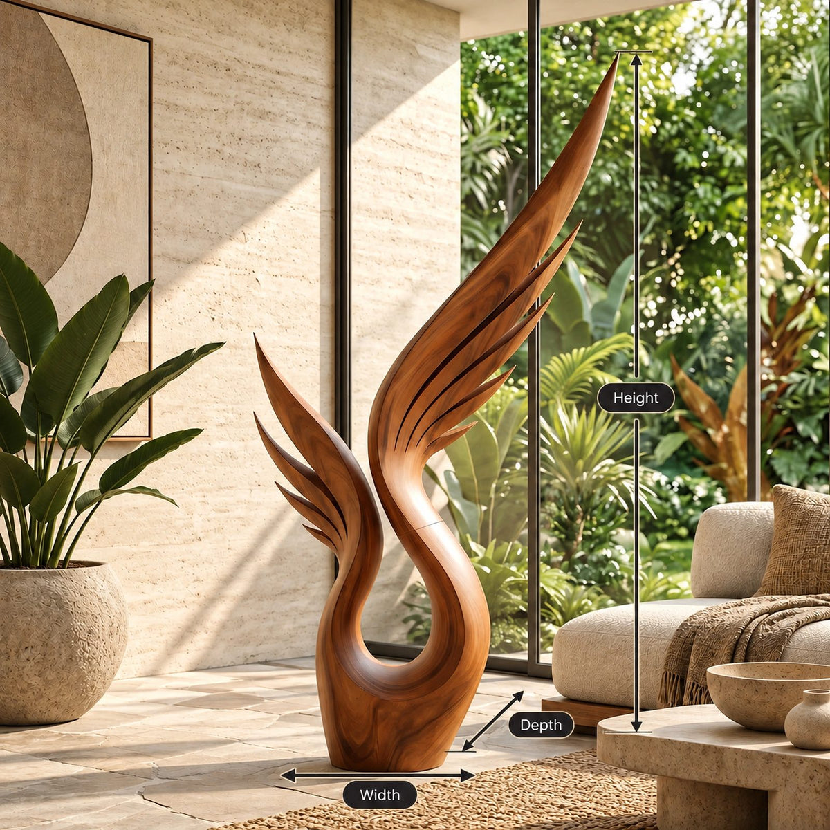 Modern Wood Sculpture With Tall Soaring Quill Wing Form