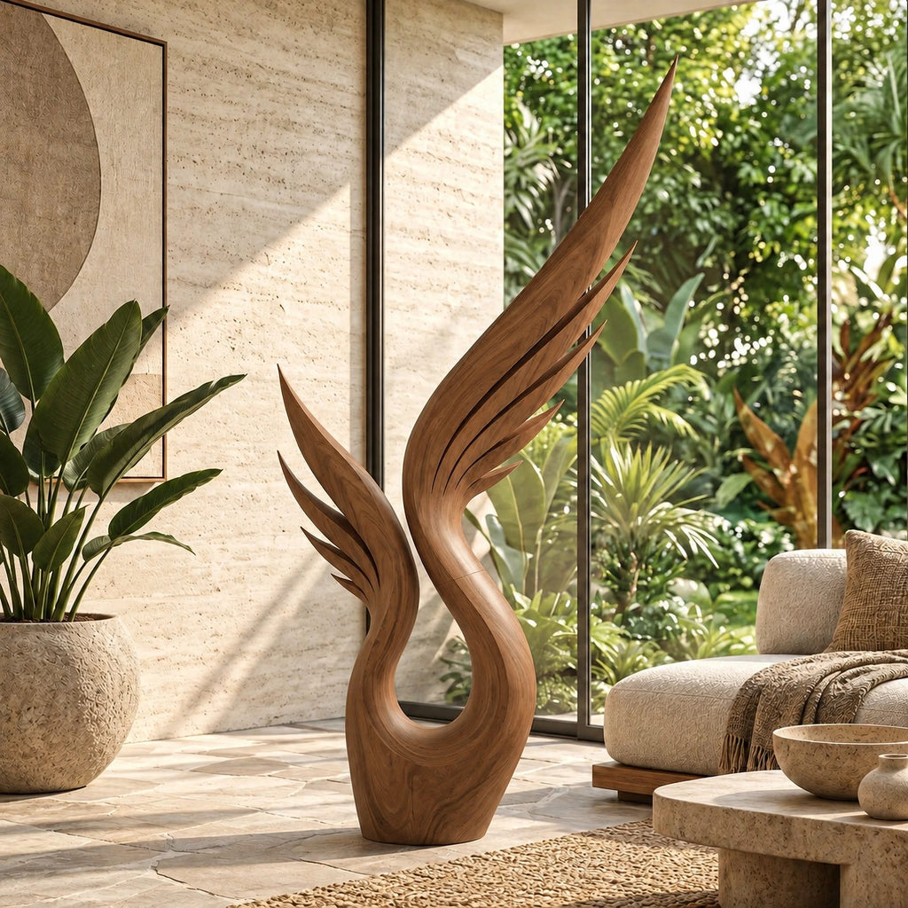 Modern Wood Sculpture With Tall Soaring Quill Wing Form