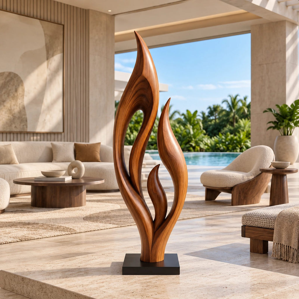 Contemporary Wood Sculpture With Triple Flame Flourish Form