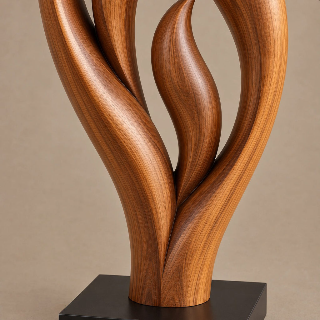 Contemporary Wood Sculpture With Triple Flame Flourish Form