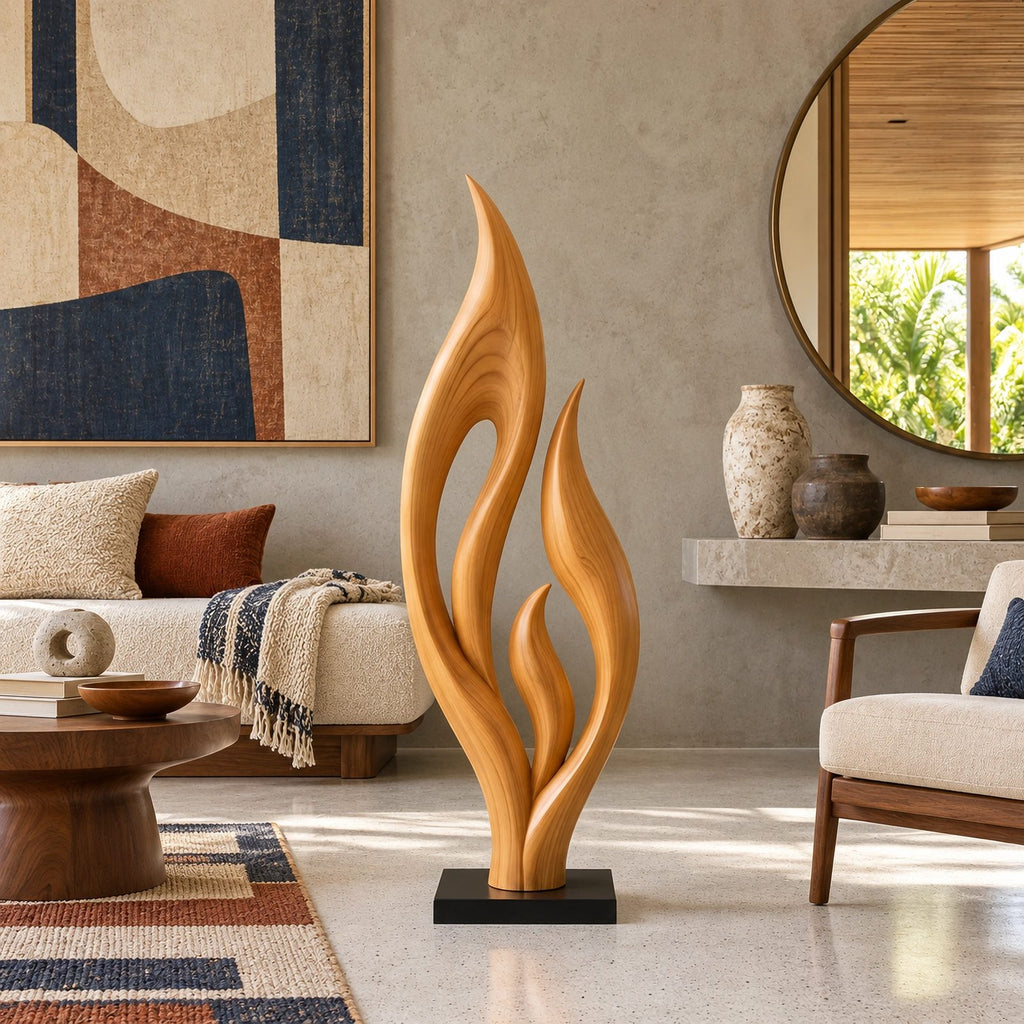Contemporary Wood Sculpture With Triple Flame Flourish Form