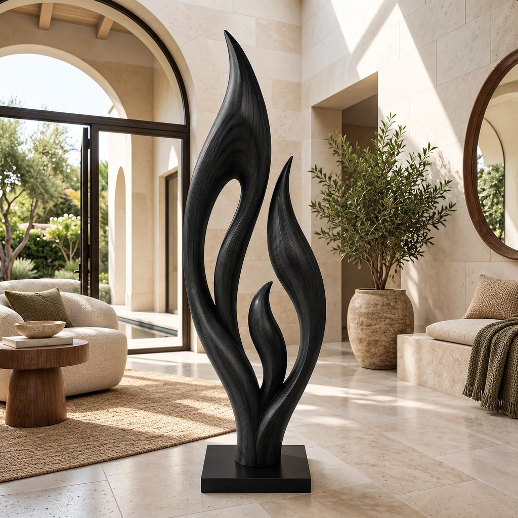 Contemporary Wood Sculpture With Triple Flame Flourish Form