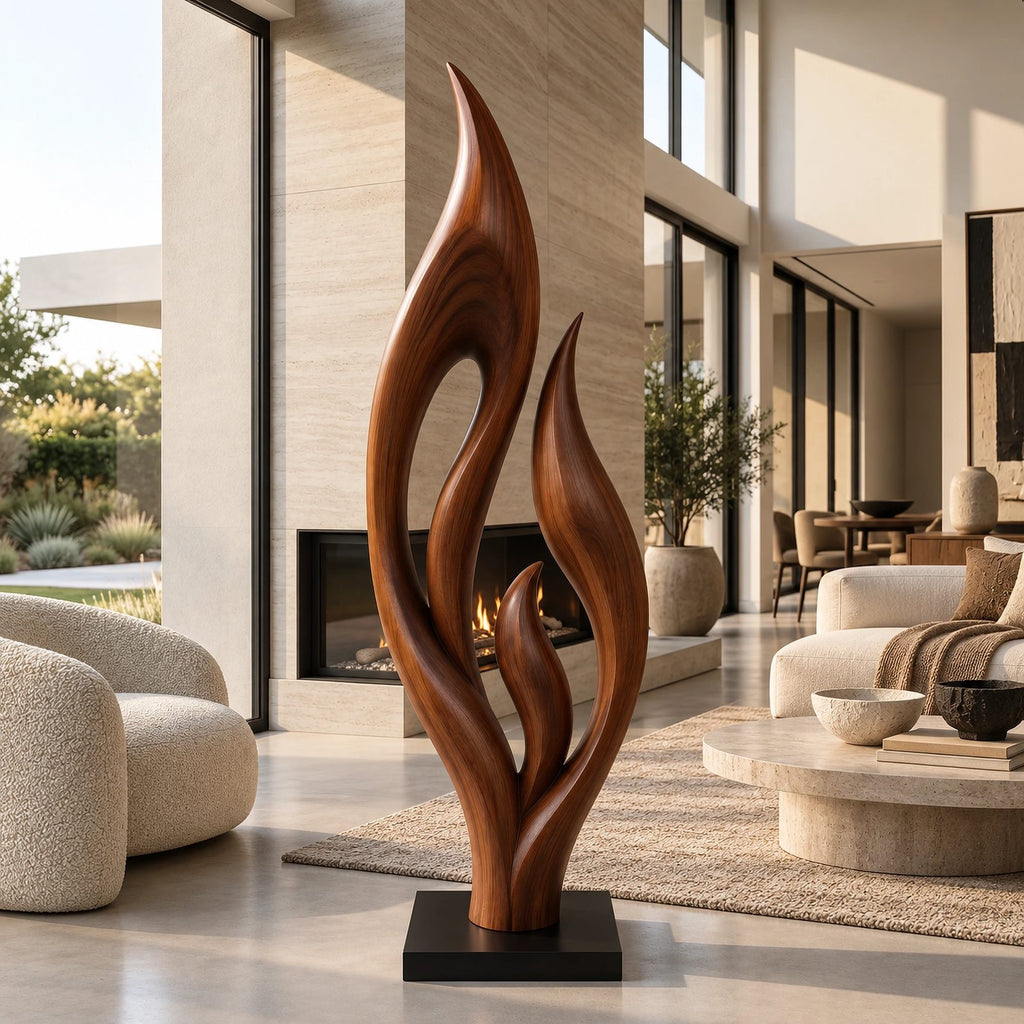 Contemporary Wood Sculpture With Triple Flame Flourish Form