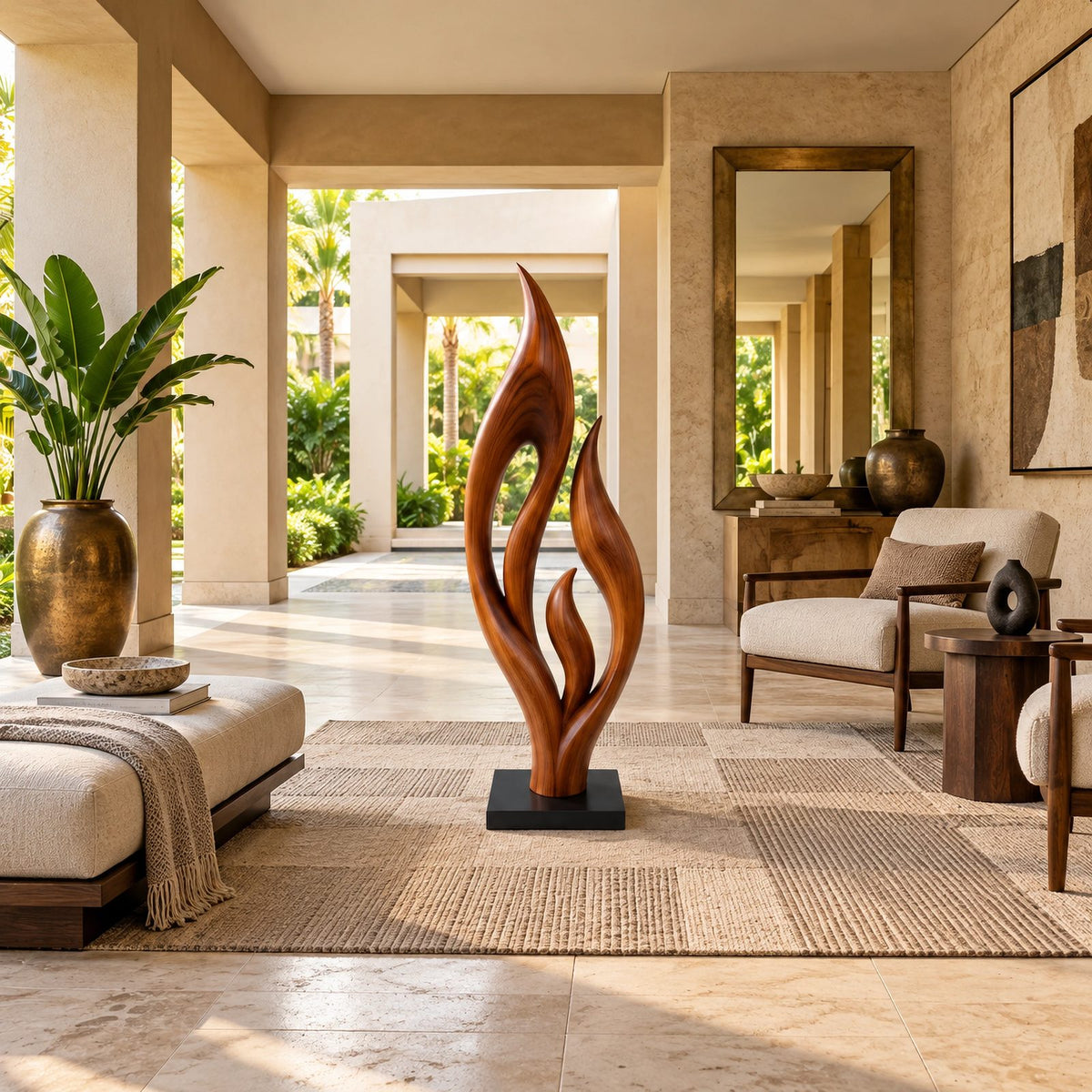 Contemporary Wood Sculpture With Triple Flame Flourish Form