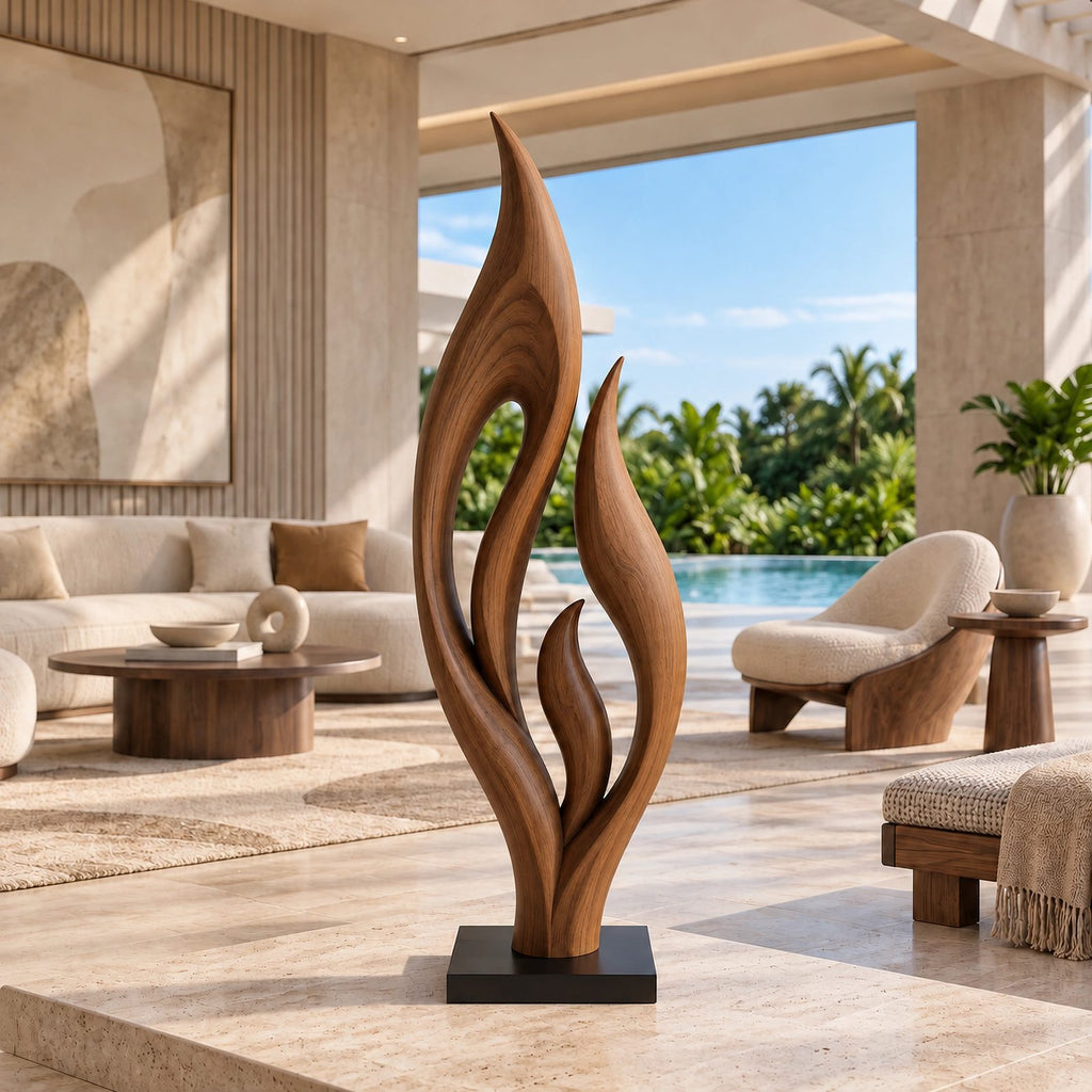 Contemporary Wood Sculpture With Triple Flame Flourish Form