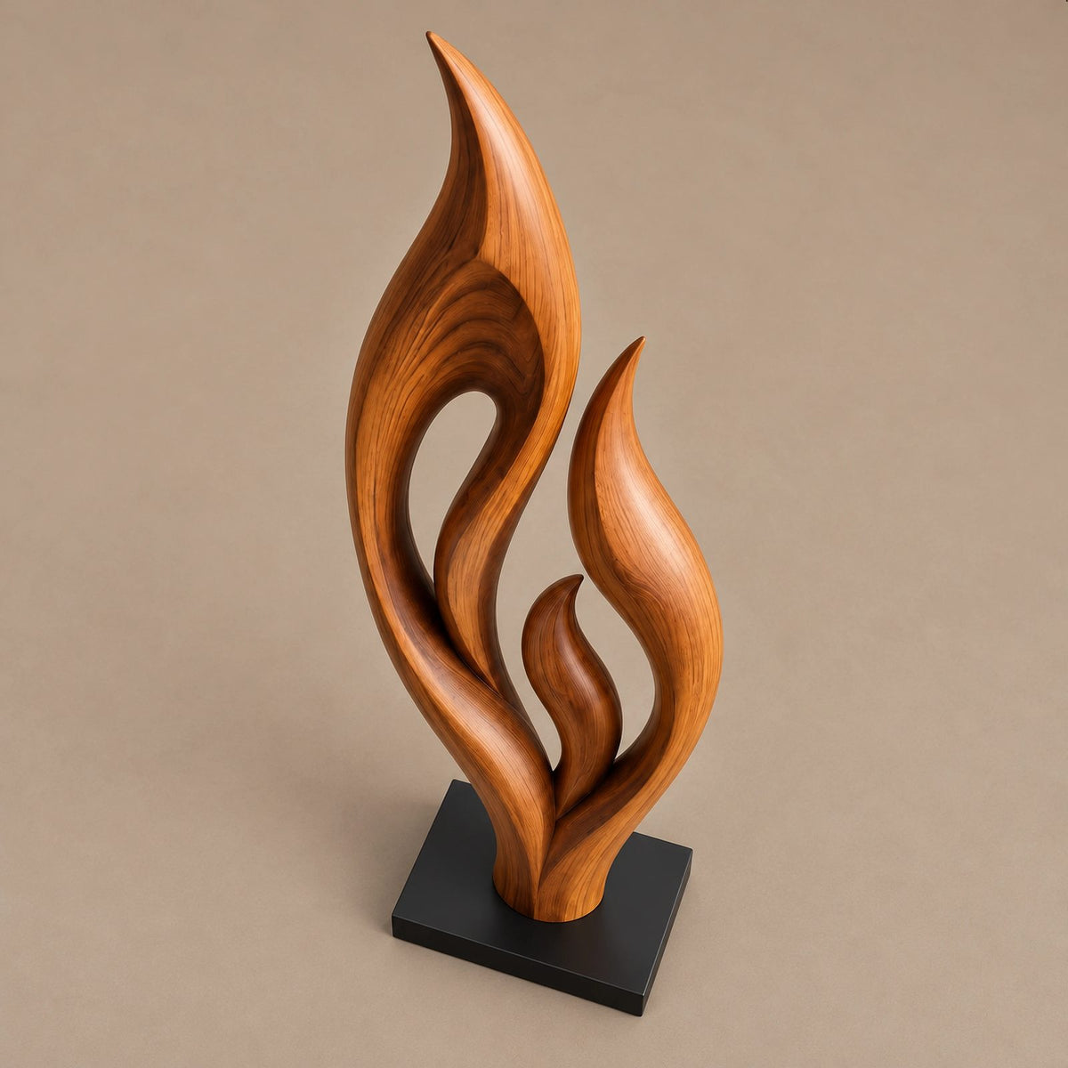 Contemporary Wood Sculpture With Triple Flame Flourish Form