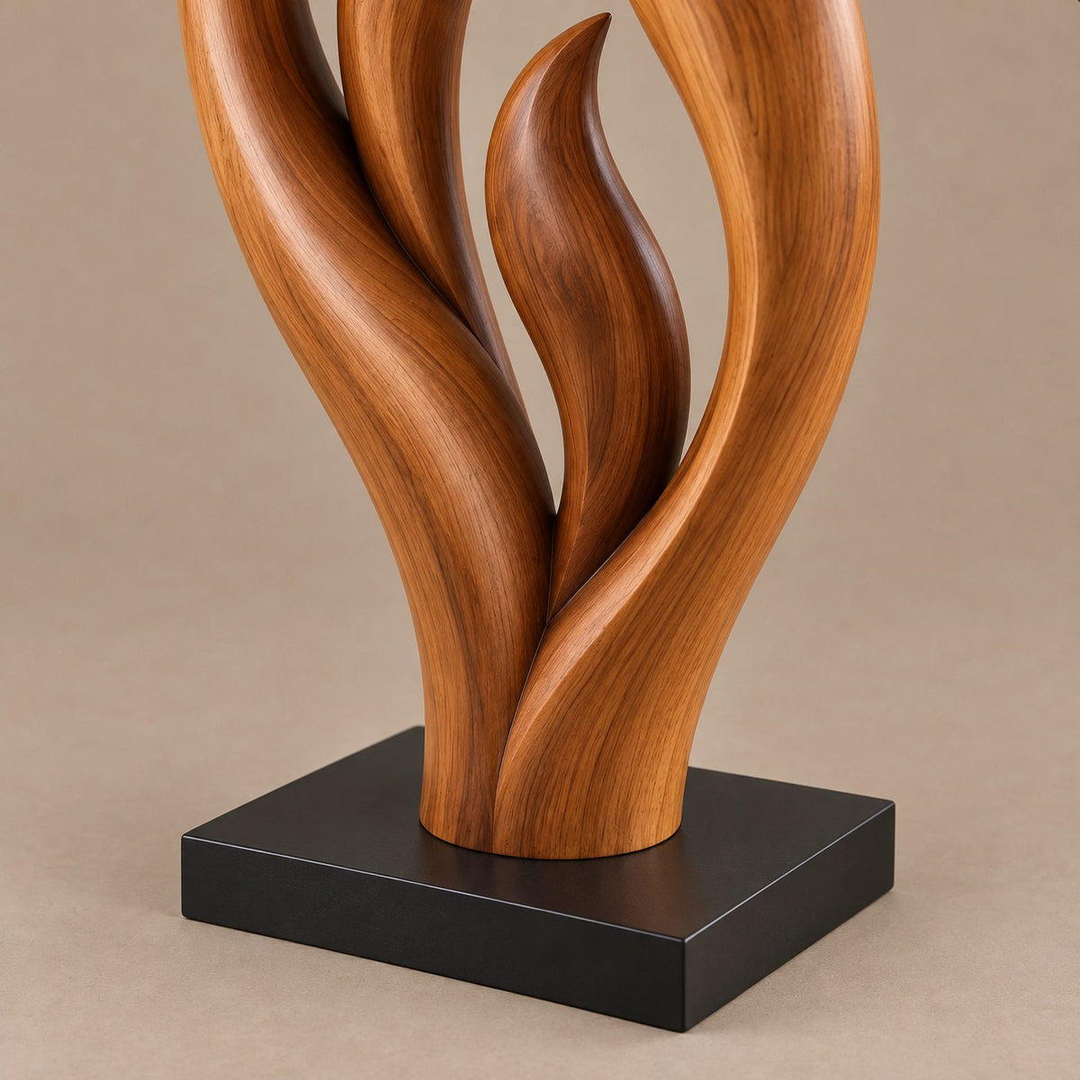 Contemporary Wood Sculpture With Triple Flame Flourish Form