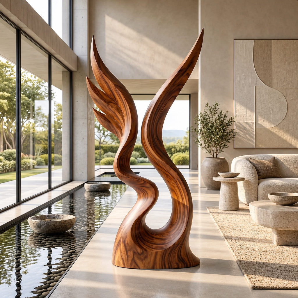 Contemporary Wood Sculpture With Twin Flame Twist For Living Room