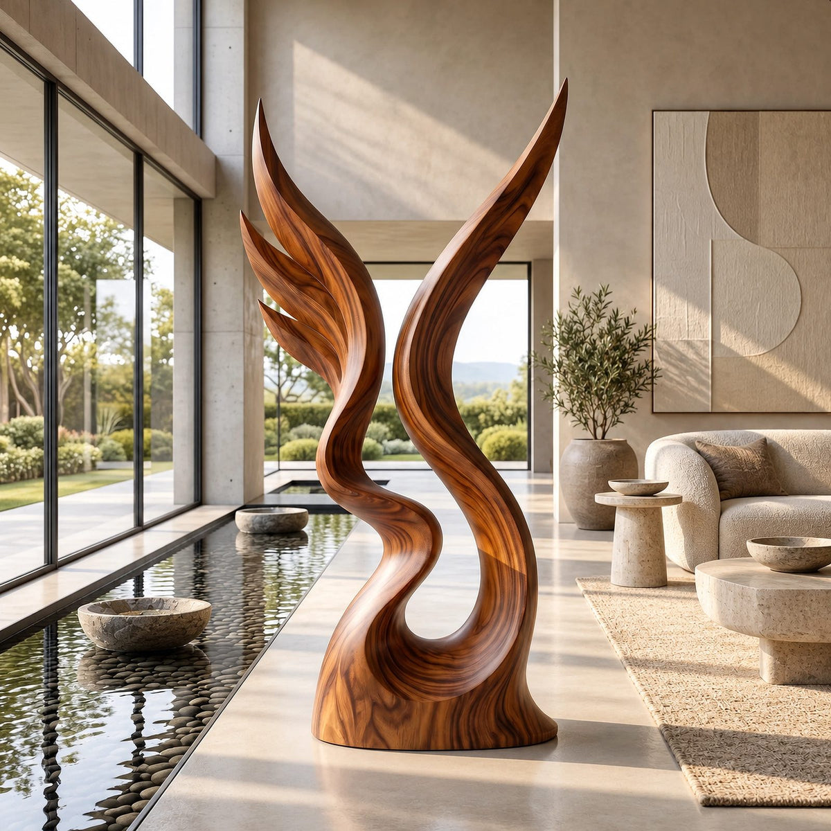 Contemporary Wood Sculpture With Twin Flame Twist For Living Room