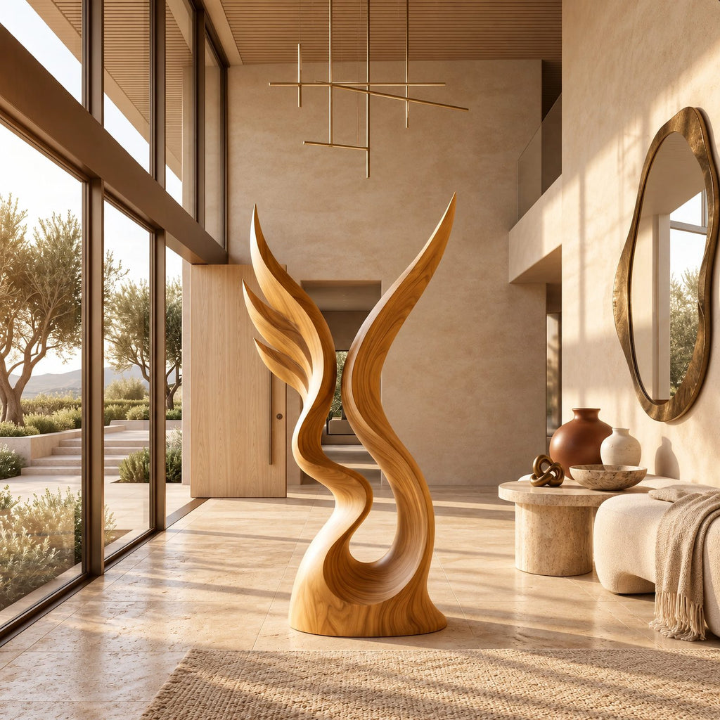 Contemporary Wood Sculpture With Twin Flame Twist For Living Room
