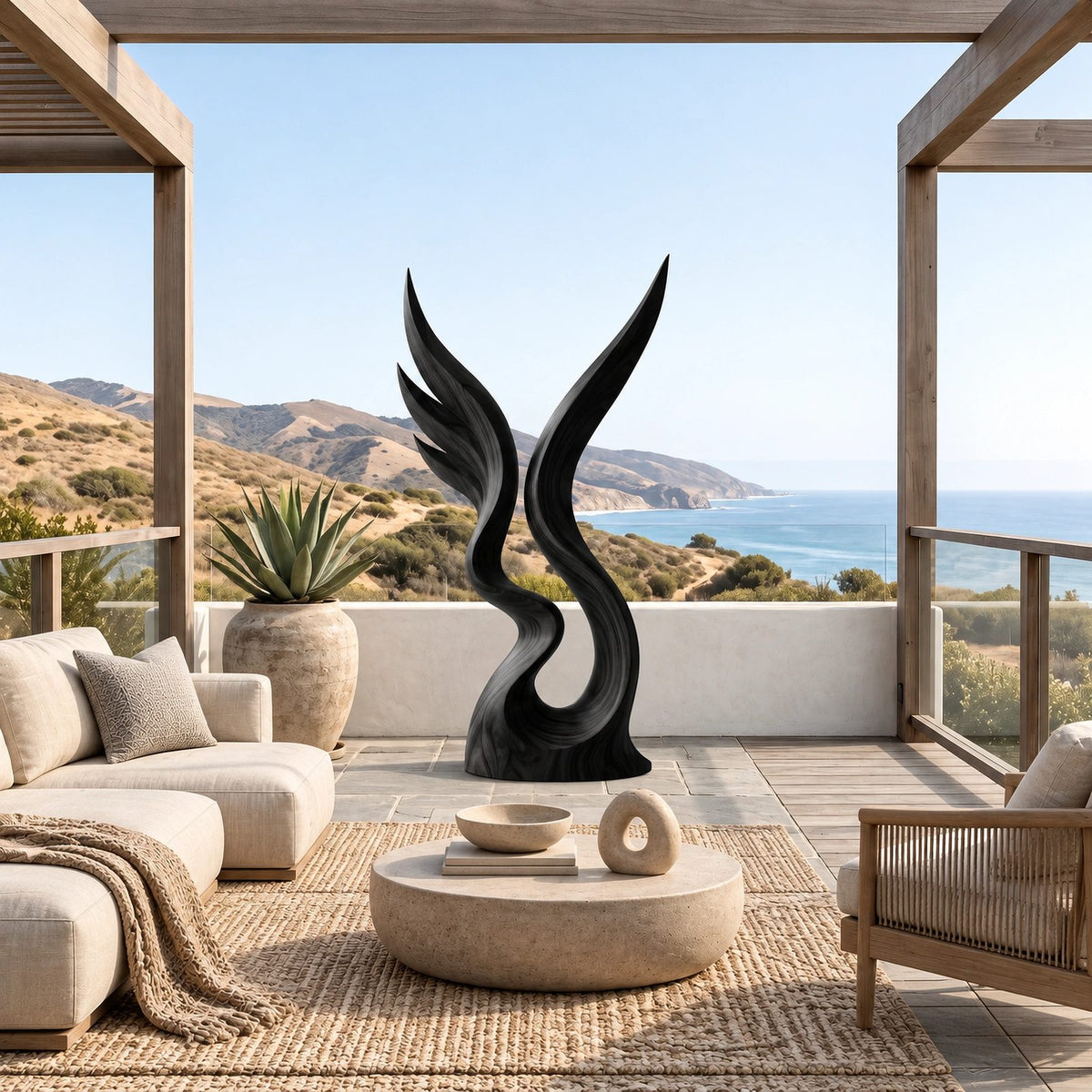 Contemporary Wood Sculpture With Twin Flame Twist For Living Room