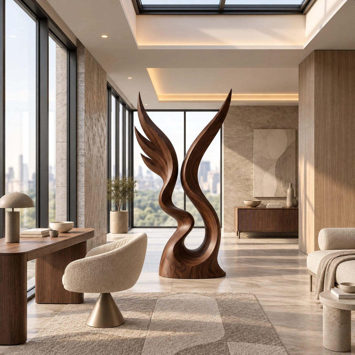 Contemporary Wood Sculpture With Twin Flame Twist For Living Room