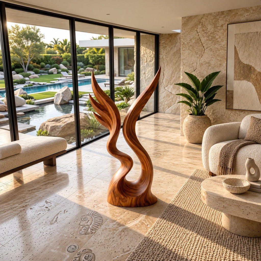 Contemporary Wood Sculpture With Twin Flame Twist For Living Room