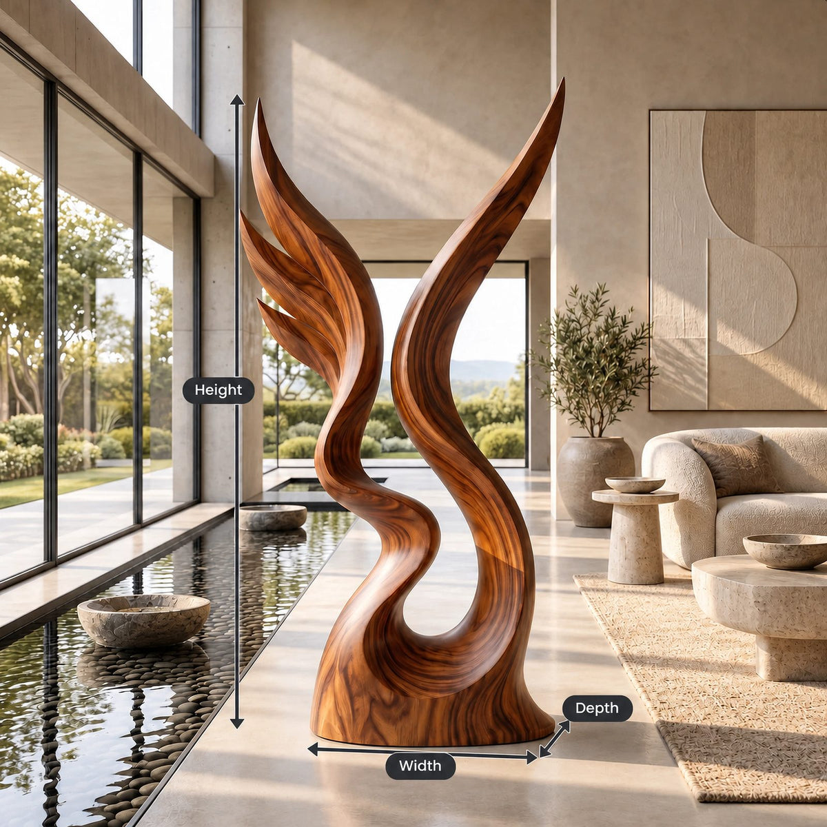 Contemporary Wood Sculpture With Twin Flame Twist For Living Room