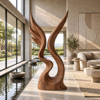 Contemporary Wood Sculpture With Twin Flame Twist For Living Room