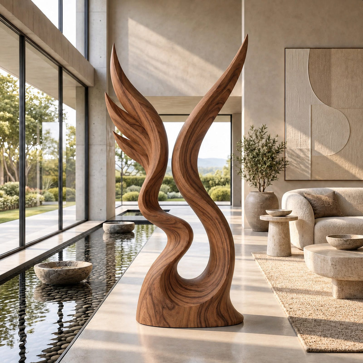Contemporary Wood Sculpture With Twin Flame Twist For Living Room