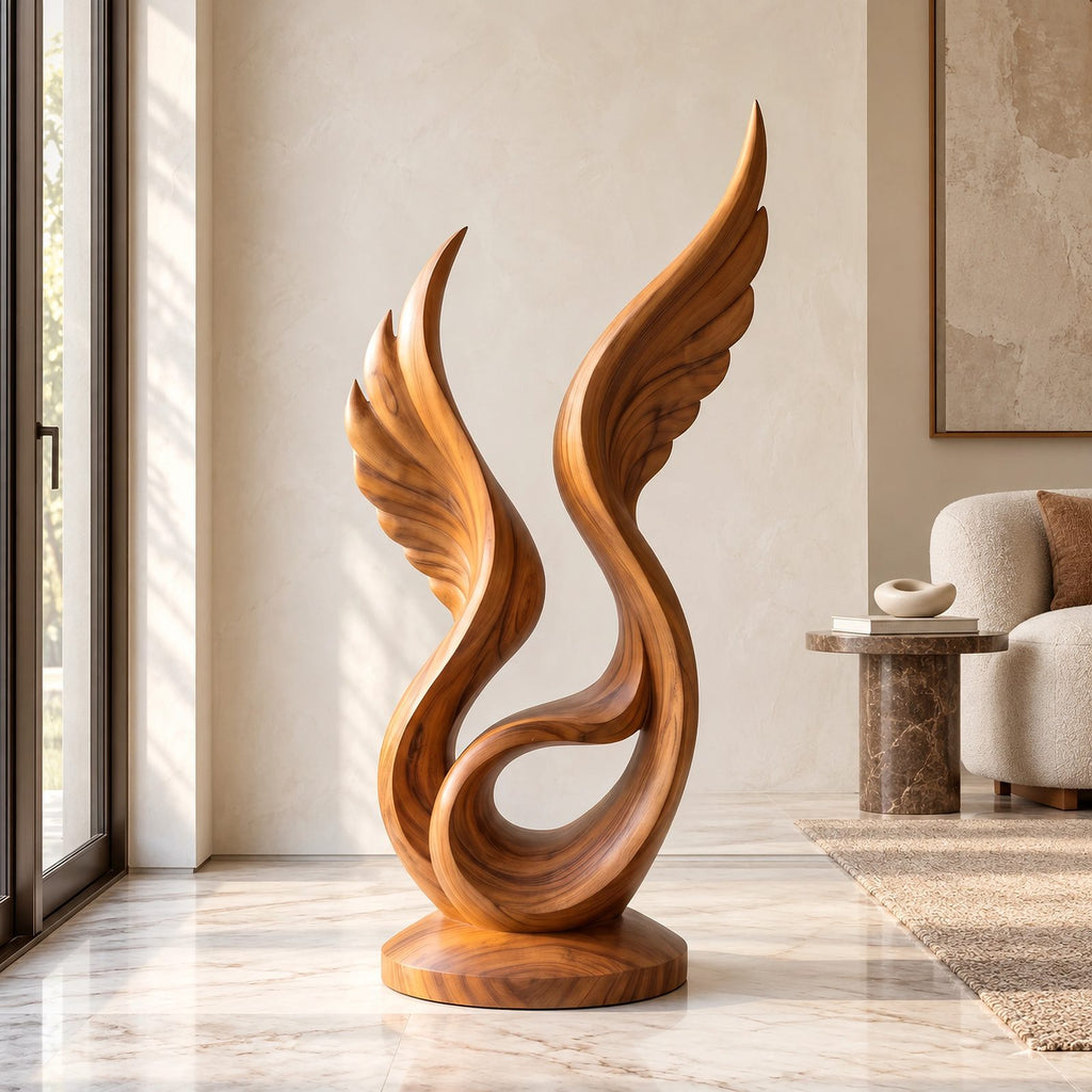 Handcrafted Wood Sculpture With Curved Flame Wings For Dining Room