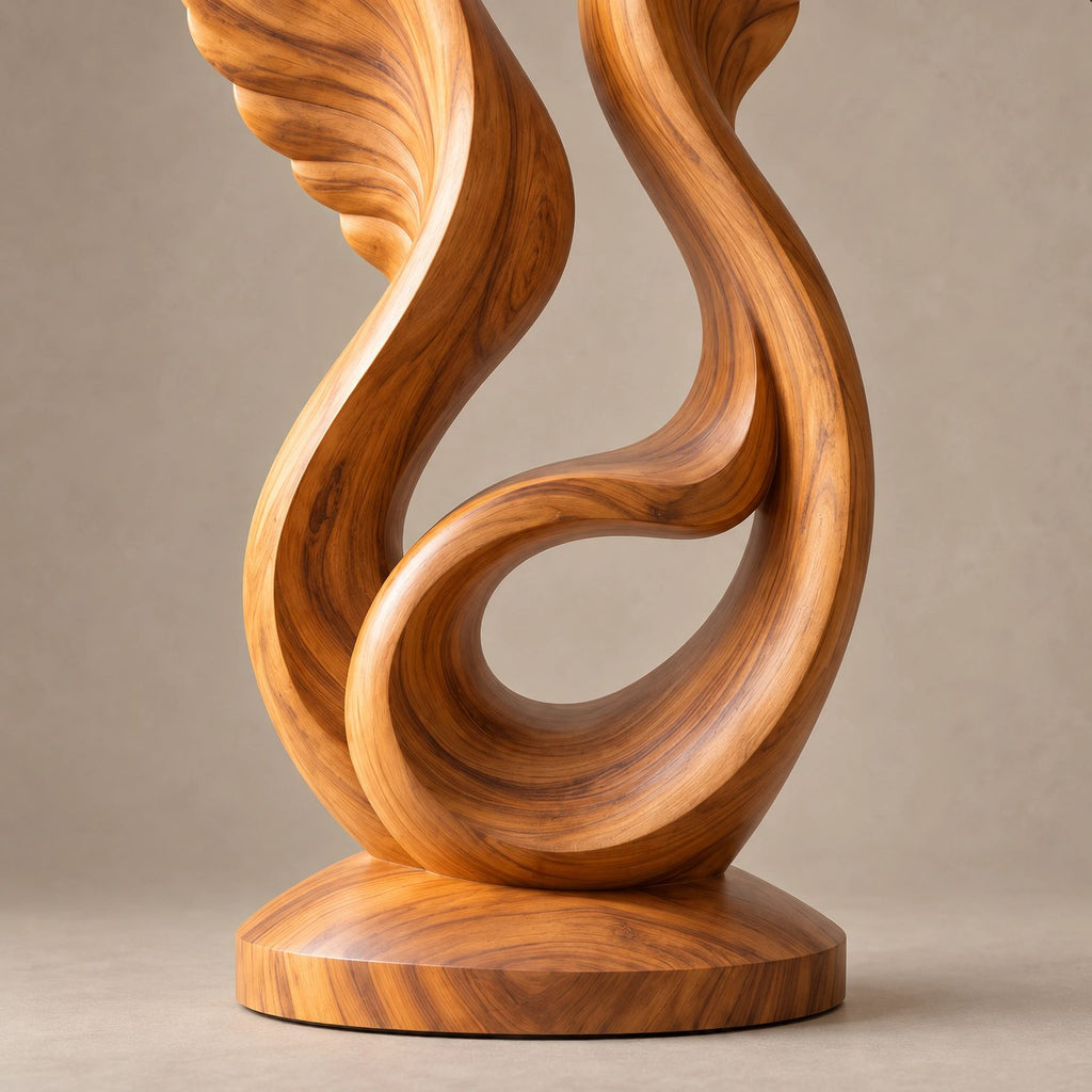 Handcrafted Wood Sculpture With Curved Flame Wings For Dining Room