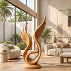 Handcrafted Wood Sculpture With Curved Flame Wings For Dining Room