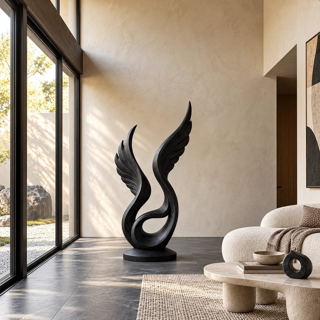 Handcrafted Wood Sculpture With Curved Flame Wings For Dining Room