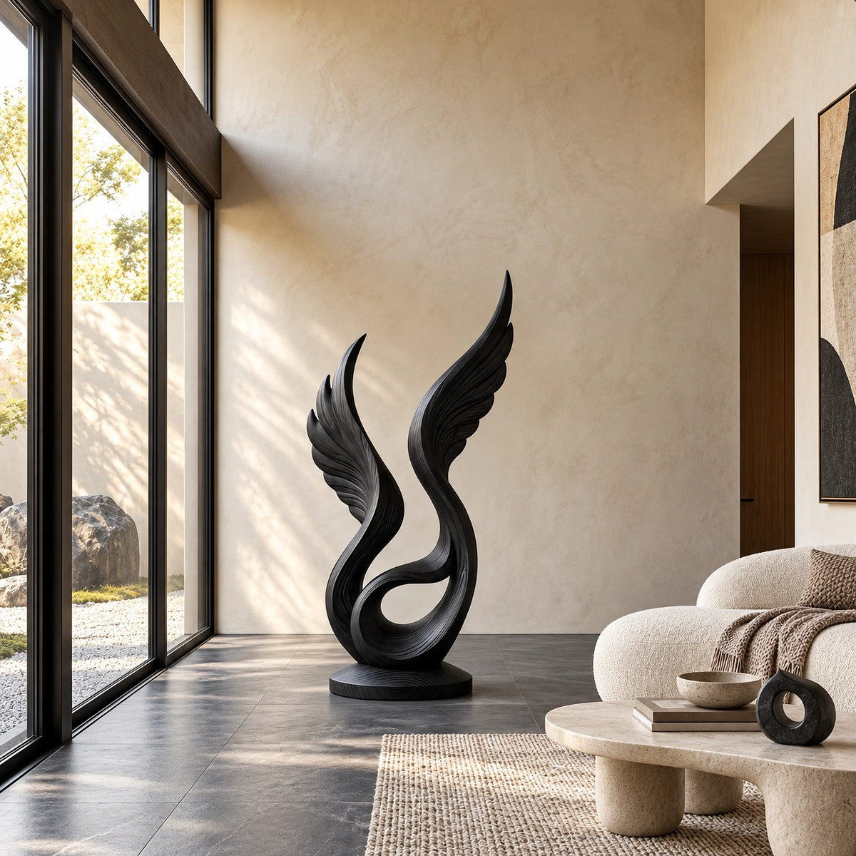 Handcrafted Wood Sculpture With Curved Flame Wings For Dining Room