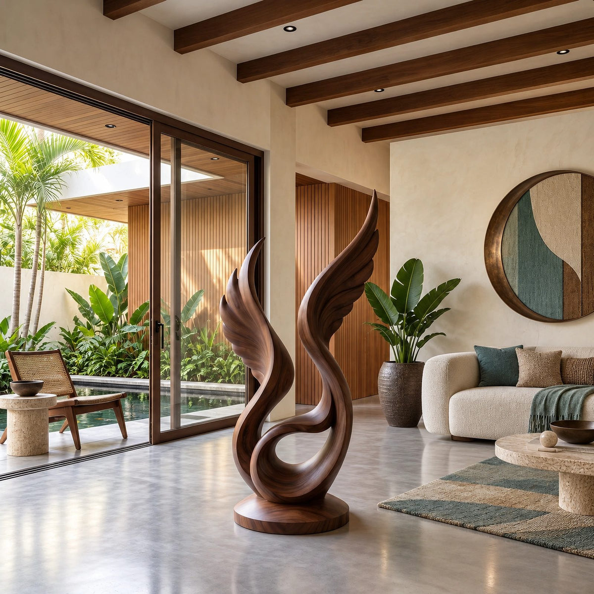 Handcrafted Wood Sculpture With Curved Flame Wings For Dining Room