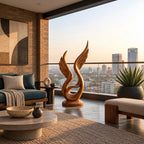 Handcrafted Wood Sculpture With Curved Flame Wings For Dining Room