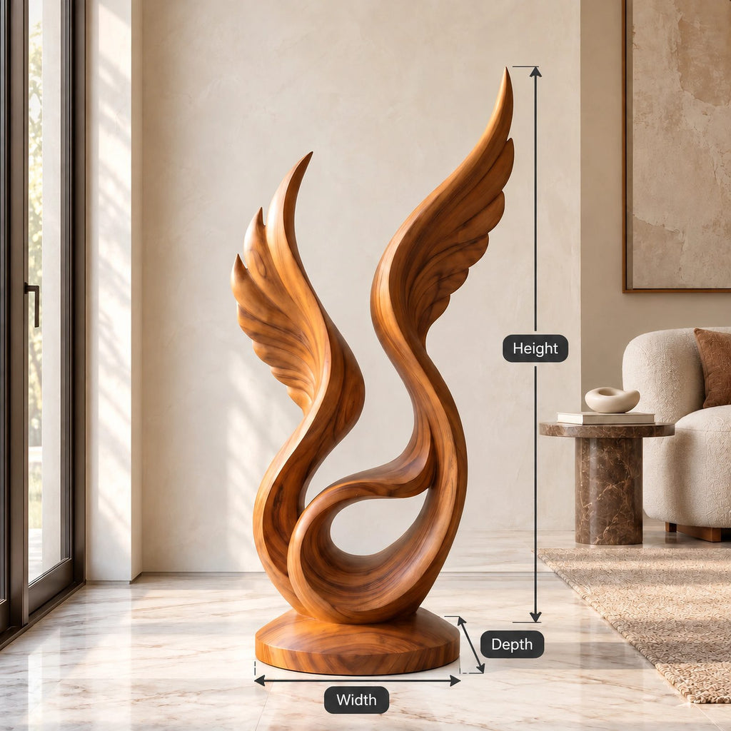 Handcrafted Wood Sculpture With Curved Flame Wings For Dining Room