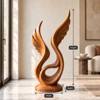 Handcrafted Wood Sculpture With Curved Flame Wings For Dining Room