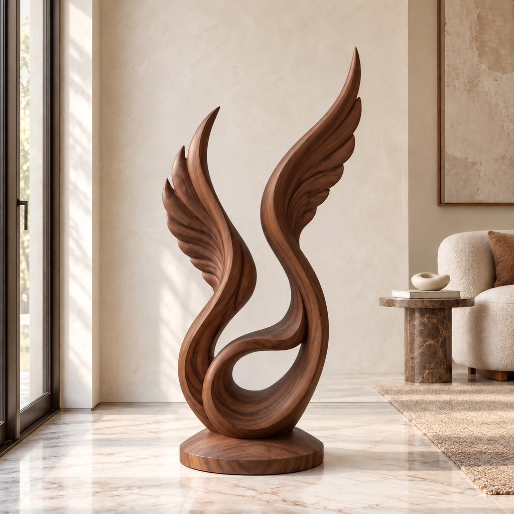 Handcrafted Wood Sculpture With Curved Flame Wings For Dining Room